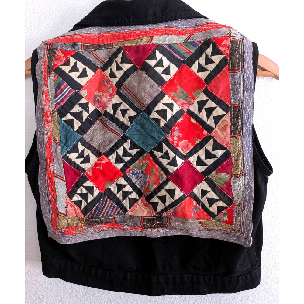 One of a Kind Handmade Patchwork Quilt Back Black Cropped Vest Small Made USA